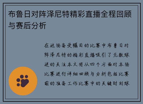 布鲁日对阵泽尼特精彩直播全程回顾与赛后分析